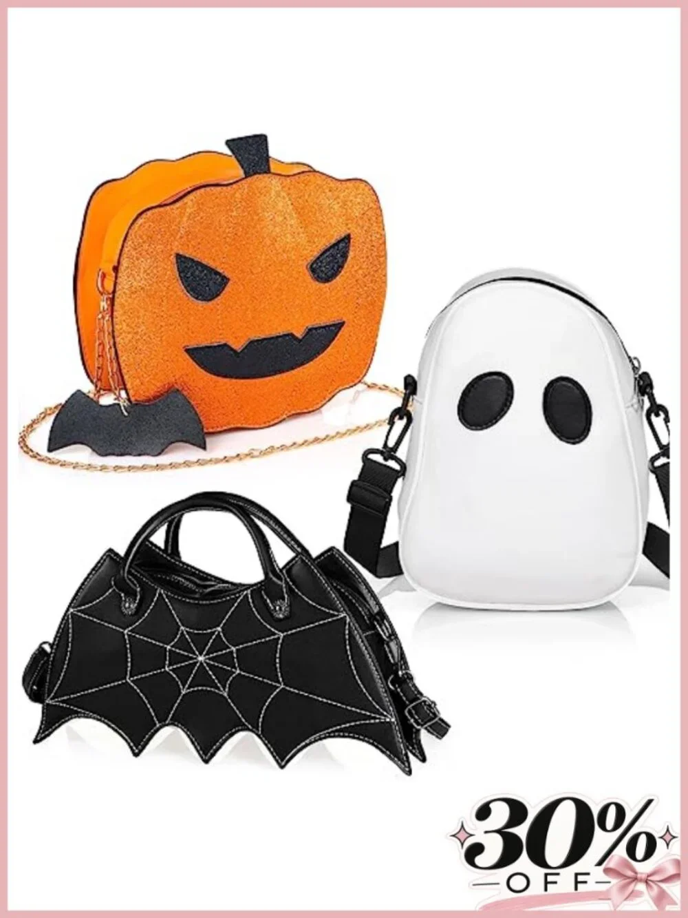 Hillban 3-Piece Halloween PU Leather Shoulder Bags Bat Ghost Pumpkin